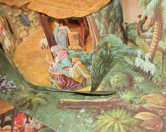 Japan Vintage Nativity Pop Up Folding Tabletop Christmas Decorations Paper Lithograph 1960s