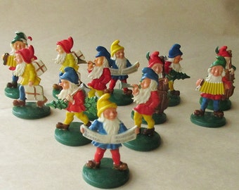 12 Vintage 1950s Germany Gnomes Elves Christmas Hard Plastic Decoration Ornaments Erzgebirge