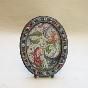 Vintage Italy 3-3/8&quot; by 2-5/8&quot; Micro Mosaic Frame Circa 1930 Flowers Old Italian Finely Detailed Easel Back Picture Frame