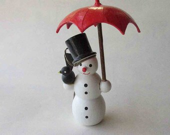 Vintage Erzgebirge East Germany Wooden Wood Snowman With Umbrella And Blackbird Christmas Ornament Decoration Christmas 3-1/2&quot; Tall