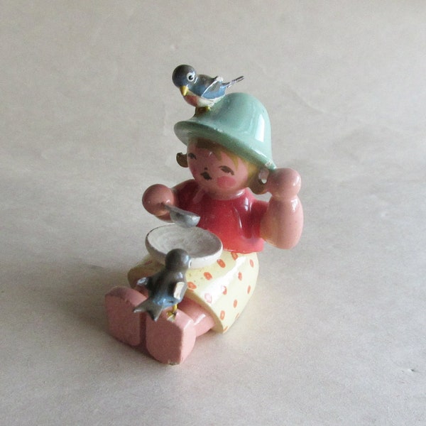 Vintage East Germany Wendt And Kuhn Wood Girl With Birds Wooden Erzgebirge Decoration Christmas 2" Tall