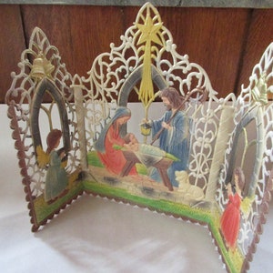 Vintage Western Germany Triptych Pressed Paper Cardboard Christmas Nativity Scene Christmas Decoration 1950s 3 Panels image 8