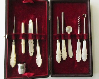 Vintage Victorian Lady's Mother Of Pearl Handles Traveling Sewing Kit And Manicure Vanity Set Original Case J.A. Henckels Germany