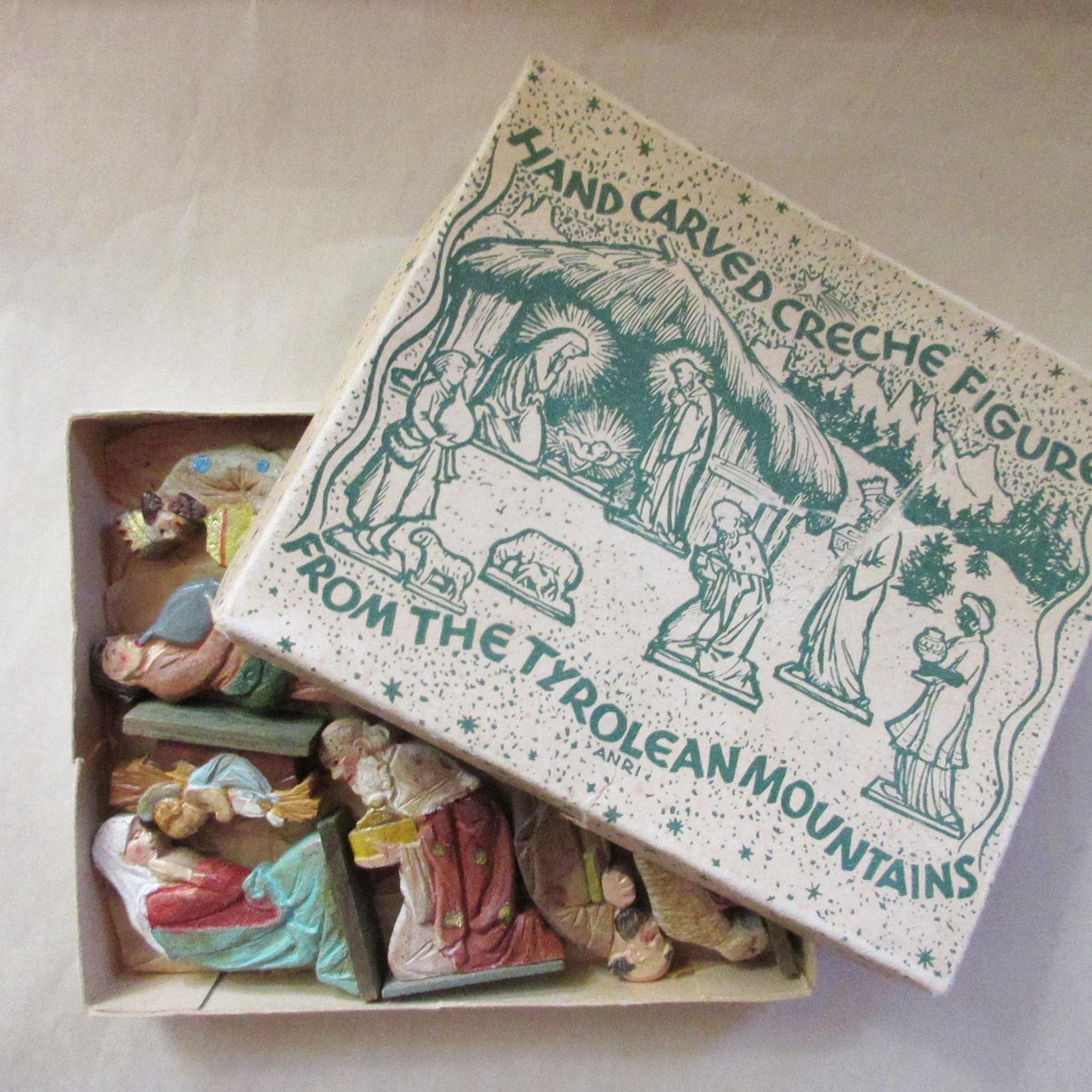 Anri Italy Vintage Nativity Tyrolean Mountains Christmas Holy Family Erzgebirge Style Wooden Wood Hand Carved Decorations 9 Pieces  BoxH