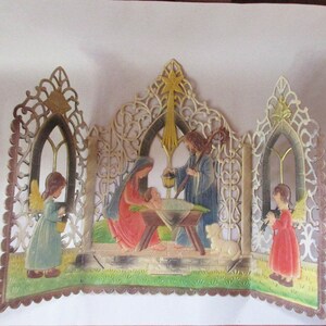 Vintage Western Germany Triptych Pressed Paper Cardboard Christmas Nativity Scene Christmas Decoration 1950s 3 Panels image 9