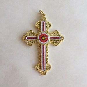 Vintage Micro Mosaic Italian Fancy Cross 3" Large Pendant Italy Glass & Brass Jewelry 1960s #4