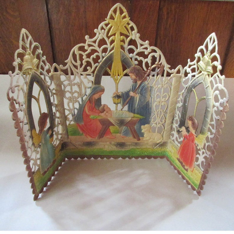 Vintage Western Germany Triptych Pressed Paper Cardboard Christmas Nativity Scene Christmas Decoration 1950s 3 Panels image 6