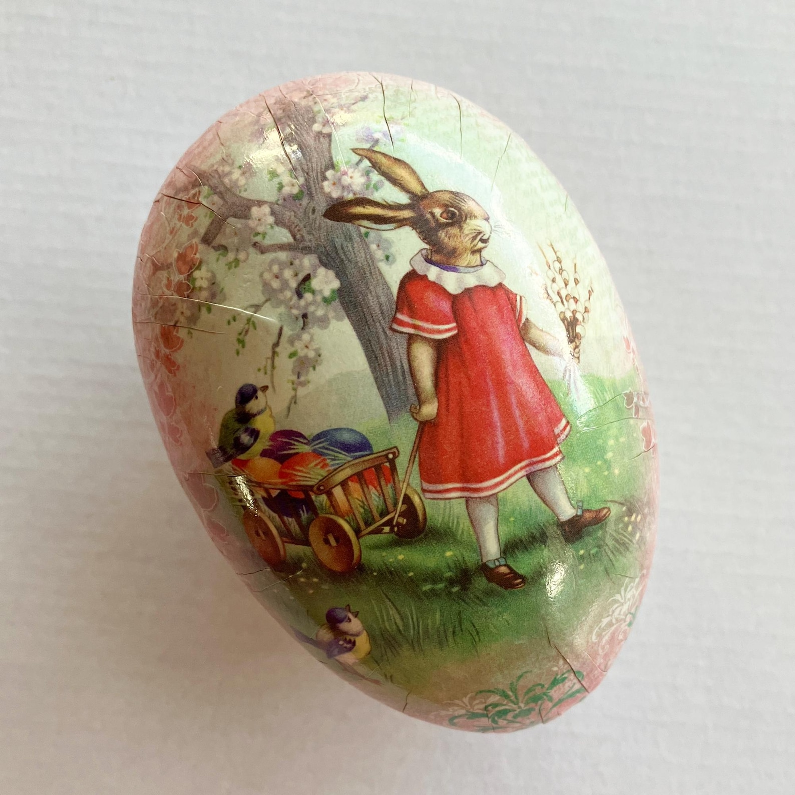 Germany Paper Mache Egg Vintage German Easter Bunny Girl With Wagon Box 4-1/2 Inch Germany