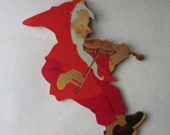 Vintage Germany Fiddling Gnome Elf Fairy Tale Wall Plaque Erzgebirge Wood Wooden Fretwork Flat Decoration