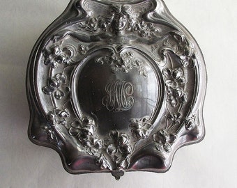 Vintage Victorian Art Nouveau Lady Flowers Quadruple Silver Plate Dresser Vanity Box 1905
