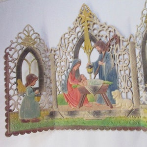 Vintage Western Germany Triptych Pressed Paper Cardboard Christmas Nativity Scene Christmas Decoration 1950s 3 Panels image 2