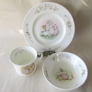 3 Piece Set Vintage Peter Rabbit 1986 Royal Albert Plate Bowl Mug Cup England Beatrix Potter Tom Kitten Jemima Puddleduck