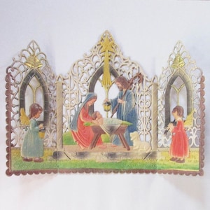 Vintage Western Germany Triptych Pressed Paper Cardboard Christmas Nativity Scene Christmas Decoration 1950s 3 Panels image 1