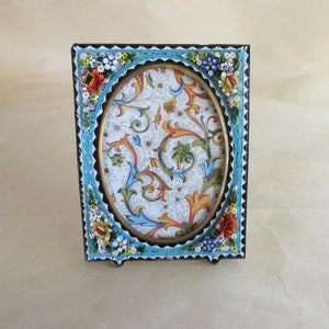 Italy 3-7/8&quot; by 3&quot; Frame Vintage Micro Mosaic 3D Layered Circa 1920 Flowers Old Italian Easel Back Picture Frame