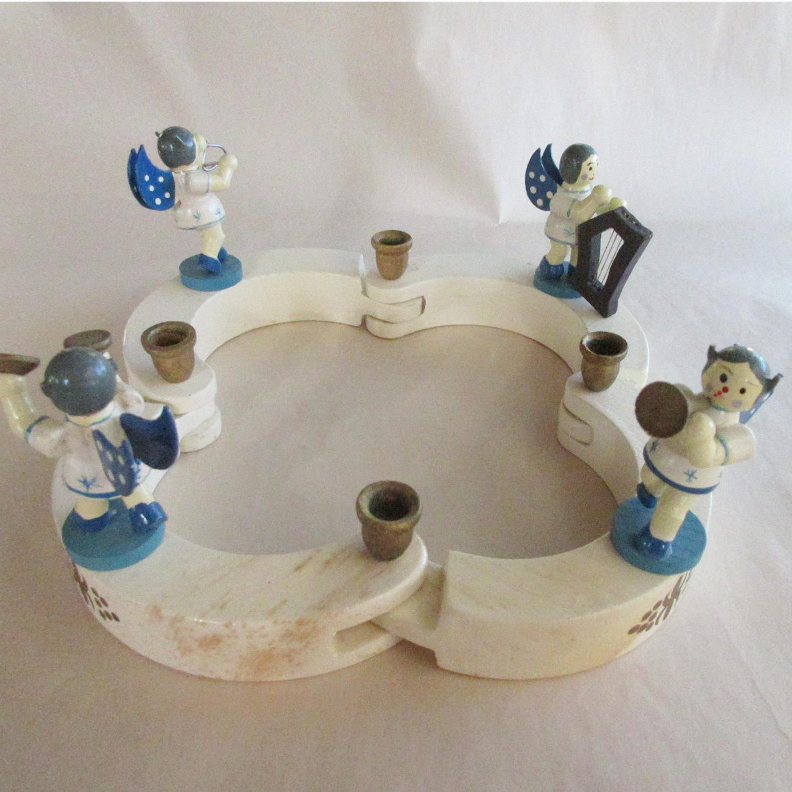Vintage Erzgebirge Advent Wreath East Germany Wood Angels Wooden Angel Decoration Christmas Candle Holder GDR