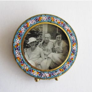 Italy 2-11/16&quot; Tall Frame Vintage Micro Mosaic Circa 1970s Leaves Flowers Old Italian Easel Back Picture Frame
