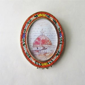 Vintage Italy 4-1/16&quot; x 3-3/16&quot; Micro Mosaic Frame Circa 1970 Flowers Old Italian Easel Back Picture Frame