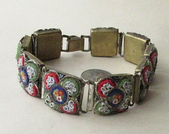 Vintage Micro Mosaic Italian Bracelet 1930s Italy Glass & Brass Florentine Jewelry #BR-13