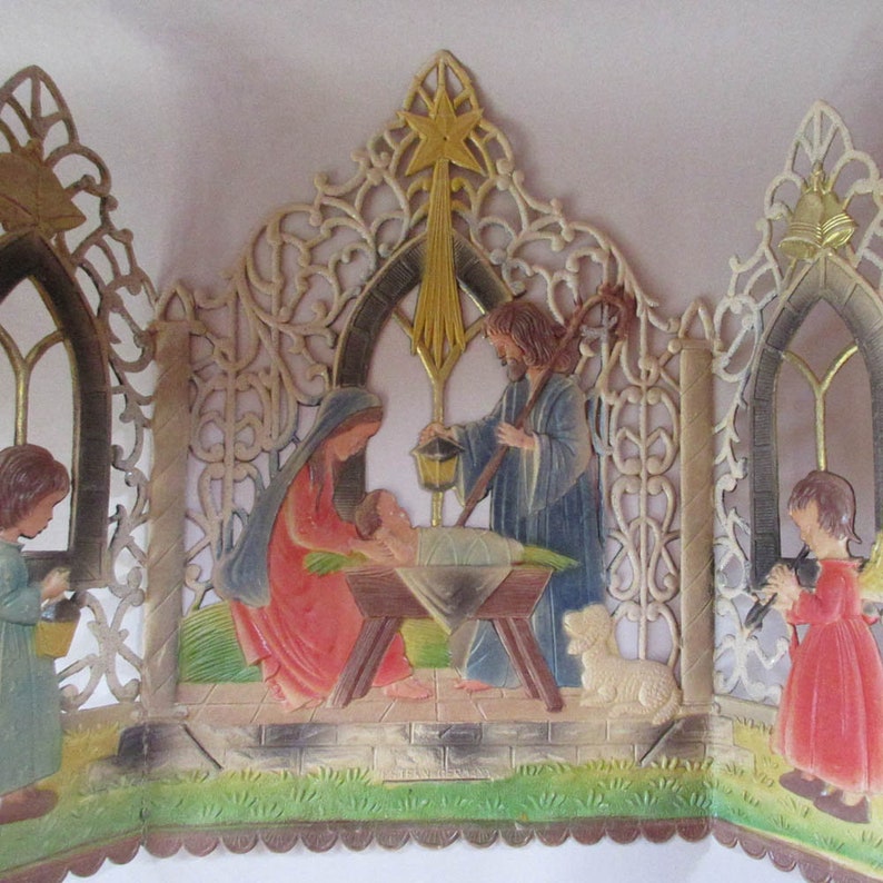 Vintage Western Germany Triptych Pressed Paper Cardboard Christmas Nativity Scene Christmas Decoration 1950s 3 Panels image 4