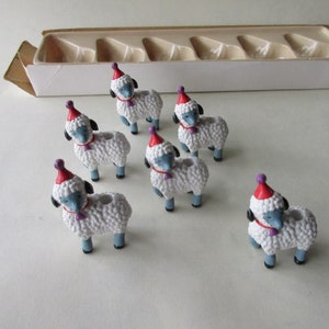 6 Vintage Hong Kong Circa 1985 Birthday Cake Candle Holders Sheep Lambs In Party Hats