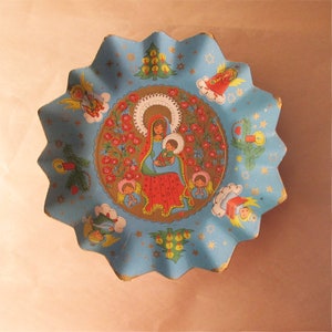 Vintage Paper Bowl Germany Christmas Cookie Server Fluted Ruffled Edge Charming Nostalgia Madonna And Baby Jesus