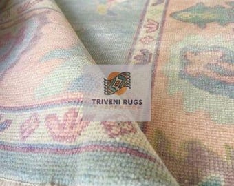 Handmade Turkish Oushak Rug | Beige, Light Blue Wool, 9x12