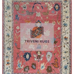 Vintage Style Pink Oushak Rug 8×10 • Handmade Wool Area Carpet • Turkish Floral Pattern • Artistic Modern Floor Rug for Living Room & Home