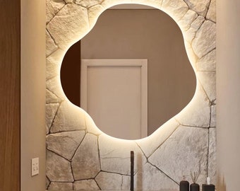 Asymmetrical LED Bathroom Mirror: Wavy Sunburst Design, Warm Light