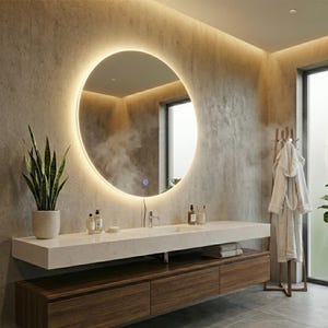 Op de afbeelding: Een moderne badkamer met een grote, ronde, verlichte spiegel. Onder de spiegel bevindt zich een zwevende wastafel met een marmeren blad en houten lades. Een potplant en een badjas op een houten rek dragen bij aan de spa-achtige sfeer.