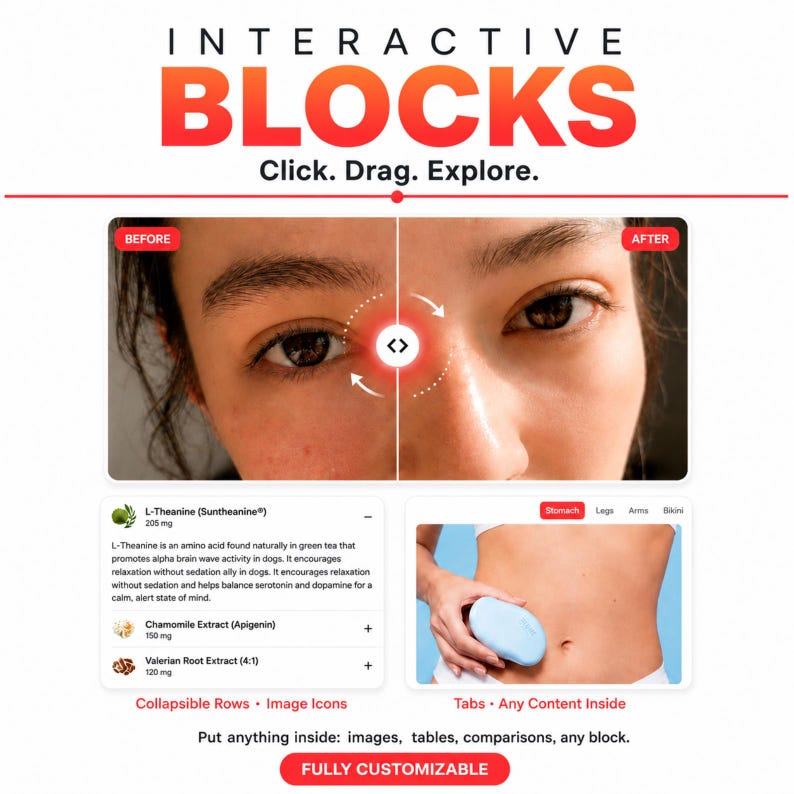 Peut inclure: Un &eacute;l&eacute;ment de conception web interactif intitul&eacute; INTERACTIVE BLOCKS avec le texte Click. Drag. Explore. Il pr&eacute;sente un curseur de comparaison avant et apr&egrave;s sur un visage, une liste d'informations repliable sur la L-Th&eacute;anine et une zone &agrave; onglets.