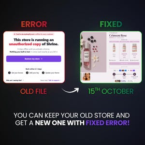 May include: A digital comparison graphic showing an error message about an unauthorized copy of Shrine on the left and a fixed e-commerce product page for Crimson Rose perfume on the right, with text stating 15th October and instructions.
