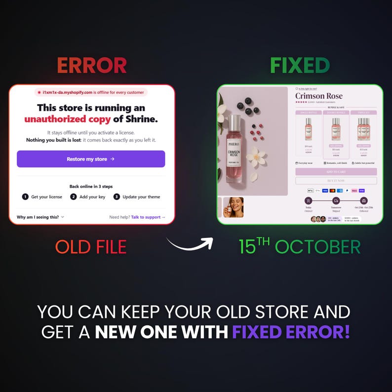 May include: A digital comparison graphic showing an error message about an unauthorized copy of Shrine on the left and a fixed e-commerce product page for Crimson Rose perfume on the right, with text stating 15th October and instructions.