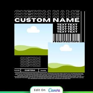 May include: Black graphic design with the text "CUSTOM NAME" repeated. The design includes two landscape images with blue skies and white clouds, and a barcode. The text "TEXT TEXT" is also present.