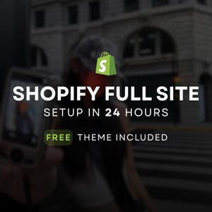 Puede incluir: Imagen con el texto "Shopify Full Site" y "Setup in 24 Hours". Un logotipo de bolsa de la compra verde con la letra "S" está en la esquina superior derecha. El texto "Free Theme Included" está en la parte inferior.