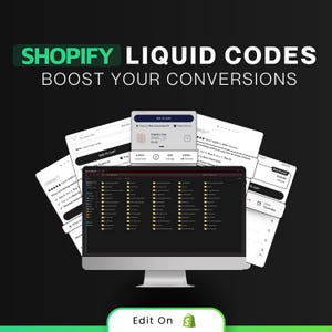 Könnte beinhalten: Ein Computerbildschirm, der Code in einem dunklen Thema anzeigt, mit dem Text "SHOPIFY LIQUID CODES BOOST YOUR CONVERSIONS" oben auf dem Bildschirm. Der Bildschirm ist von mehreren weißen Blättern mit Text und Bildern umgeben. Der Text auf dem Papier enthält "ADD TO CART" und "Free Delivery". Das Bild enthält auch ein grünes Einkaufstaschen-Symbol mit dem Text "Edit On" darunter.
