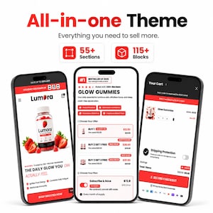 May include: Three smartphones displaying an e-commerce website interface for Lumora Glow Gummies. The screens show product details, pricing options, and a shopping cart checkout page with red and white branding, text, and icons.