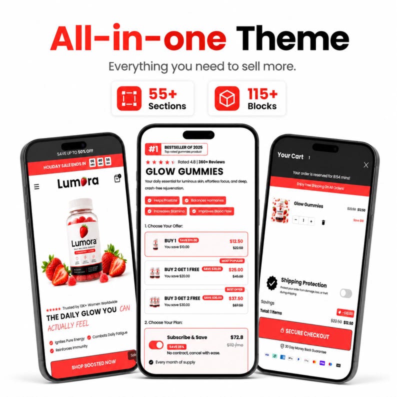 Peut inclure: Trois smartphones affichant l'interface d'un site e-commerce pour les gommes Lumora Glow. Les &eacute;crans pr&eacute;sentent les d&eacute;tails du produit, les options de prix et une page de paiement avec une image de marque rouge et blanche.
