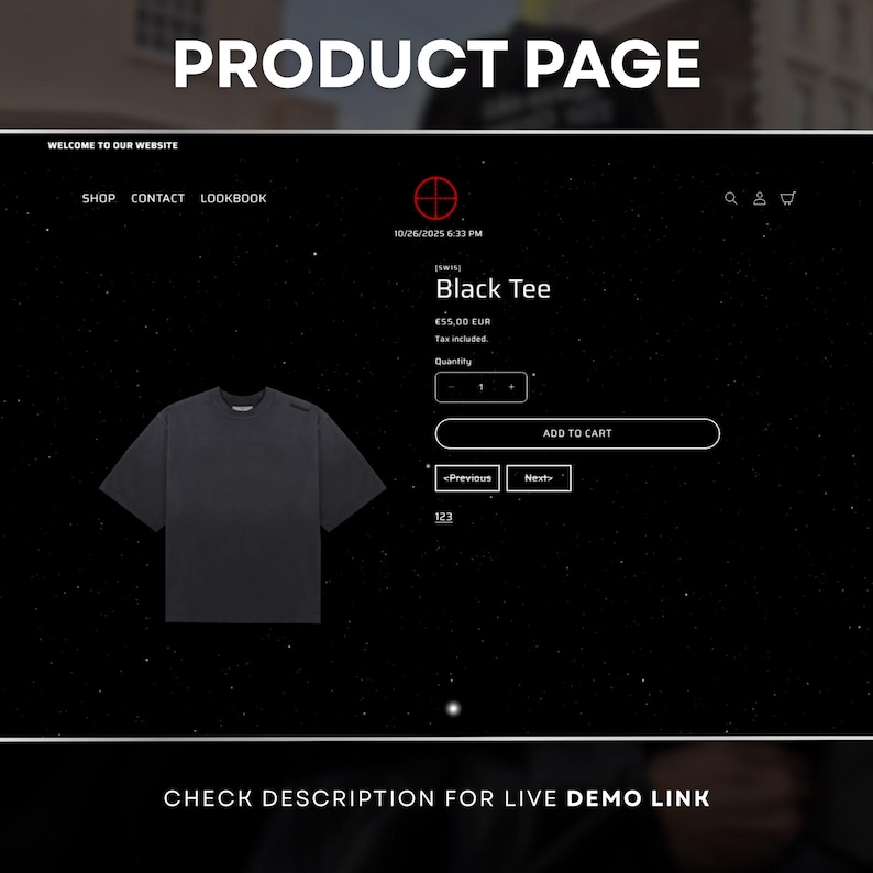 May include: A product page on a website with a black background. The page displays a black tee shirt, with the text "Black Tee" and the price in Euros. The website navigation includes "Shop", "Contact", and "Lookbook". The text "Product Page" is at the top.