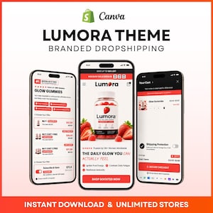 May include: Three smartphones displaying the Lumora Theme for branded dropshipping. The screens show a product page for Glow Gummies, a shopping cart interface, and a checkout page with text including Lumora, Glow Gummies, and Shop Boosted Now.