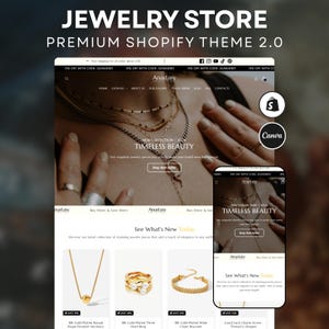 May include: A website design for a jewellery store, displaying gold necklaces, rings, and bracelets. The site features the text "JEWELRY STORE PREMIUM SHOPIFY THEME 2.0" and "TIMELESS BEAUTY". A mobile phone shows the website.