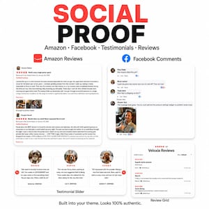 Peut inclure: Un affichage graphique intitul&eacute; SOCIAL PROOF pr&eacute;sentant des avis Amazon, des commentaires Facebook, un curseur de t&eacute;moignages avec des photos d'animaux et une grille d'avis Veloxia. La mise en page pr&eacute;sente les retours clients et notes.