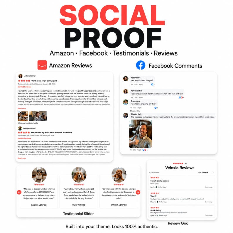 Peut inclure: Un affichage graphique intitul&eacute; SOCIAL PROOF pr&eacute;sentant des avis Amazon, des commentaires Facebook, un curseur de t&eacute;moignages avec des photos d'animaux et une grille d'avis Veloxia. La mise en page pr&eacute;sente les retours clients et notes.