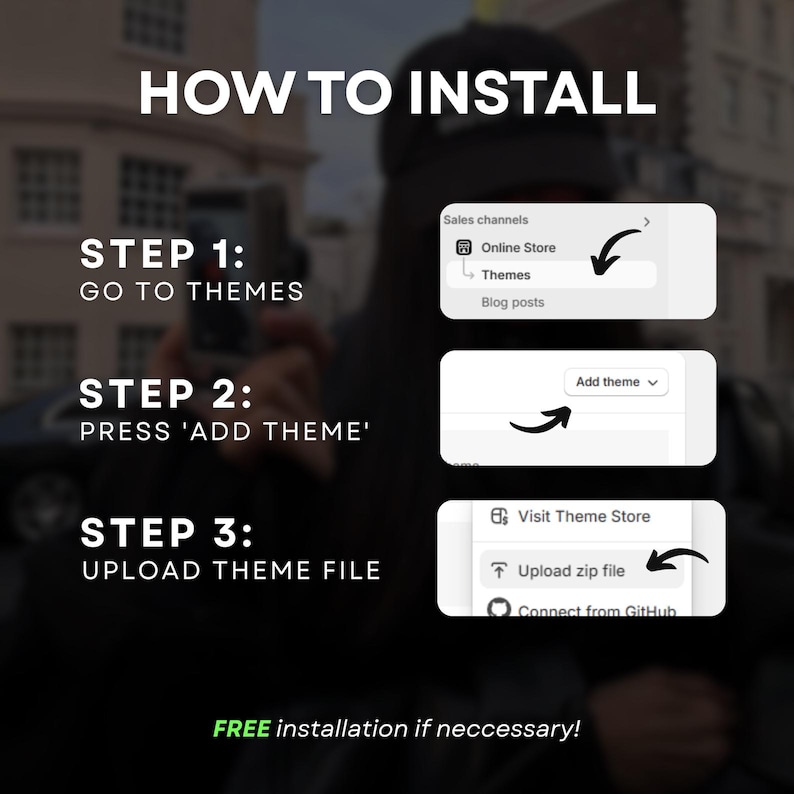 May include: A step-by-step guide on how to install a theme, with the text "HOW TO INSTALL". Instructions include going to themes, pressing 'add theme', and uploading a zip file. The image also states "FREE installation if neccessary!"