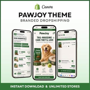 Könnte beinhalten: Drei Smartphone-Bildschirme mit dem PawJoy Dropshipping-Theme. Die Benutzeroberfläche zeigt einen Golden Retriever, Tierfutterverpackungen und Warenkorb-Optionen mit Texten wie PawJoy, Dog Essentials und Tail-Wagging Care.