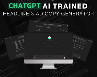 Op de afbeelding: Een donkergrijs computerscherm met de tekst "ChatGPT AI Trained Headline & Ad Copy Generator" op het scherm. Het scherm wordt omringd door andere donkergrijze schermen met tekst en een groen logo.