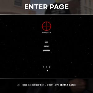 May include: A website interface with a black background and white text. The words "ENTER PAGE" are at the top. A red target symbol is in the center, with the date and time below it. The menu options "SHOP", "CONTACT", and "LOOKBOOK" are listed. Social media icons are at the bottom.