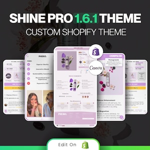 Könnte beinhalten: Werbebild für das Shine Pro 1.6.1 Shopify-Theme. Das Design zeigt mehrere Mockups einer Website mit einem hellvioletten und weißen Farbschema. Der Text enthält "Phero" und "Canva".