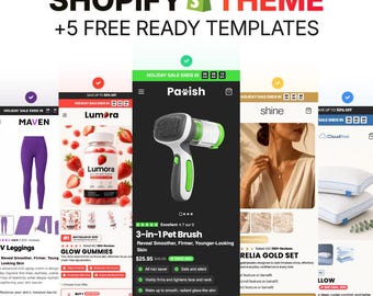 May include: A digital display showing a Shopify theme with five ready templates. The image features multiple mobile website mockups, including product pages for purple leggings, strawberry gummies, a 3-in-1 pet brush, gold jewelry, and pillows.