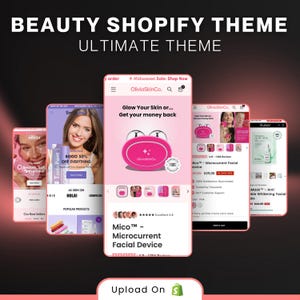 May include: A digital display showing a Shopify theme for beauty products, featuring multiple mobile phone screens with pink and white interfaces. The screens display the OliviaSkinCo brand, including a Mico microcurrent facial device, product reviews, and promotional text like Glow Your Skin or Get your money back.