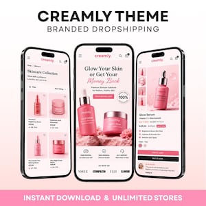 May include: Three smartphones displaying the Creamly branded dropshipping website interface. The screens show a skincare collection with pink-toned product pages, including a glow serum and cream, featuring text like Glow Your Skin or Get Your Money Back.